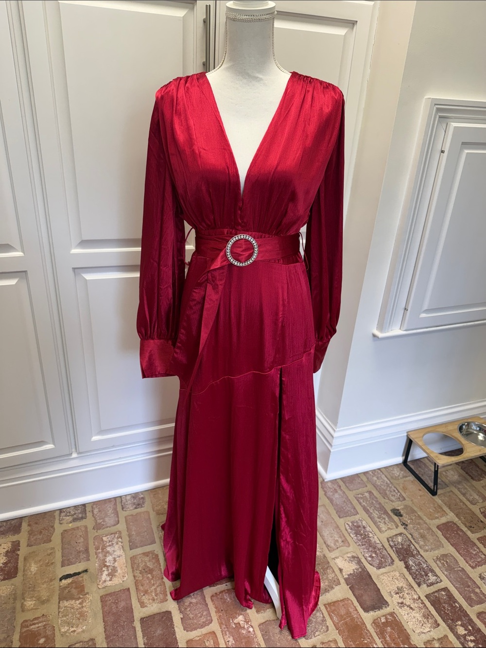 Ina Red Long Sleeve Satin Maxi Dress with Belt - Picture 6 of 8